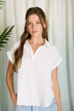 Collared V-Neck Short Sleeve Lace Detail Top (S-L)