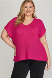 Short Sleeve Pocketed Sweater- Fuchsia