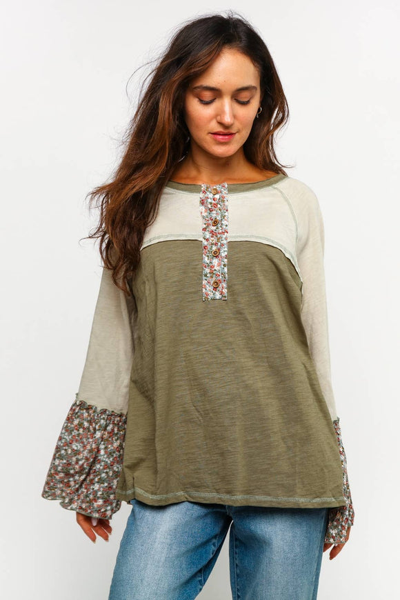 Colorblock Floral Sleeve Top (S-L)