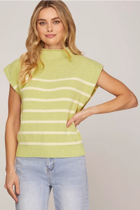 Mock Neck Striped Sweater Top- Light Sage