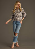 Super Soft Plaid Button Up- Lt. Gray & Brown (S-2X)
