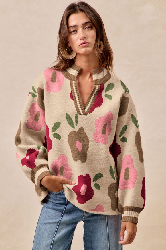 Floral Printed Collared Sweater