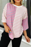 Stripe Colorblock 3/4 Sleeve Loose T Shirt, Pink (S-XL)