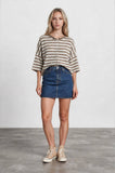 Stripe Raw Edge Short Sleeve Button Down Cardigan