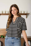 Stripe Short Sleeve Boxy Henley Top, Black