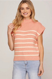 Mock Neck Striped Sweater Top- Rose