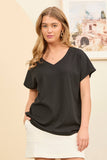 Casual Thick Ribbed V Neck Top, Black (S,M, 1x-3x)