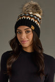 Cream, Rust, Black & Gray Patterned Pom Hat