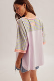 Striped Patch Oversized Washed Top- Lavender (S-L)