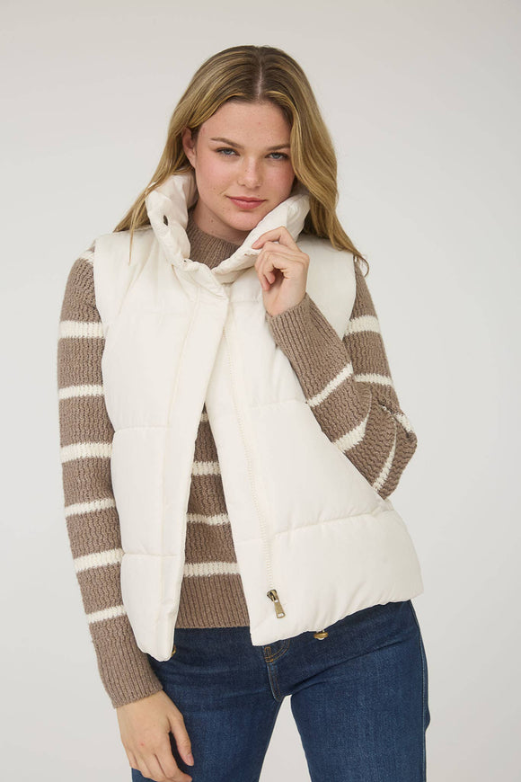 Solid Zip Puffer Vest- Ivory