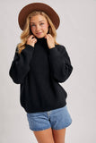Turtleneck Ribbed Knit Sweater, Black