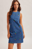 Strawberry Embroidered Cutout Back Denim Dress