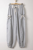 Bow Detail Stripe Textured Woven Pants, White/Denim