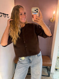 Short Sleeve Button Up Sweater Cardigan, Dark Brown (S-L)