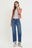 Risen- Mid rise Ankle Straight Cuff Hem Jeans-Stretchy