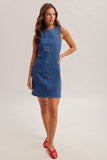 Strawberry Embroidered Cutout Back Denim Dress