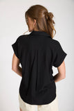 Collared Split Neck Linen Top, Black (S-3x)