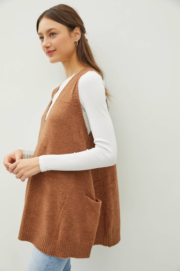 Oversized V-neck Sweater Vest- Pecan (m/l)
