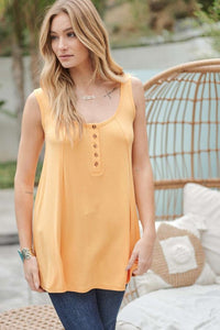 Button Front Scoop Neck Tank w/ Exposed Seams, Mustard (S-L)