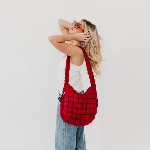 Quilted Hobo Tote Bag-Crimson Red