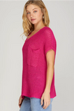 Short Sleeve Pocketed Sweater- Fuchsia