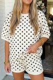 Polka Dot Print Top Drawstring Shorts Set, Beige (S-XL)