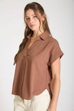 Collared Split Neck Linen Top, Almond (S-3x)