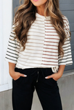 Stripe Colorblock 3/4 Sleeve Loose T Shirt, Kahki (S-XL)