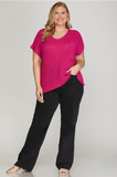 Short Sleeve Pocketed Sweater- Fuchsia