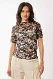 Floral Print Mesh Layering Short Sleeve, Black (S-3X)
