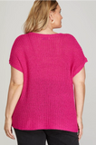 Short Sleeve Pocketed Sweater- Fuchsia
