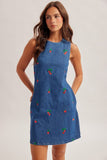 Strawberry Embroidered Cutout Back Denim Dress