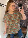 Floral Print Round Neck Waffle Top (2x, 3x)