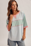 Striped Patch Oversized Washed Top, Sky Blue (L)