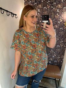 Floral Print Round Neck Waffle Top (2x, 3x)