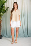 Collared Split Neck Linen Top, Light Khaki (S-L)