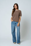 Contrast Trim Puff Sleeve Sweater, Mocha