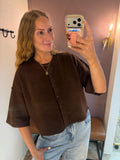 Short Sleeve Button Up Sweater Cardigan, Dark Brown (S-L)