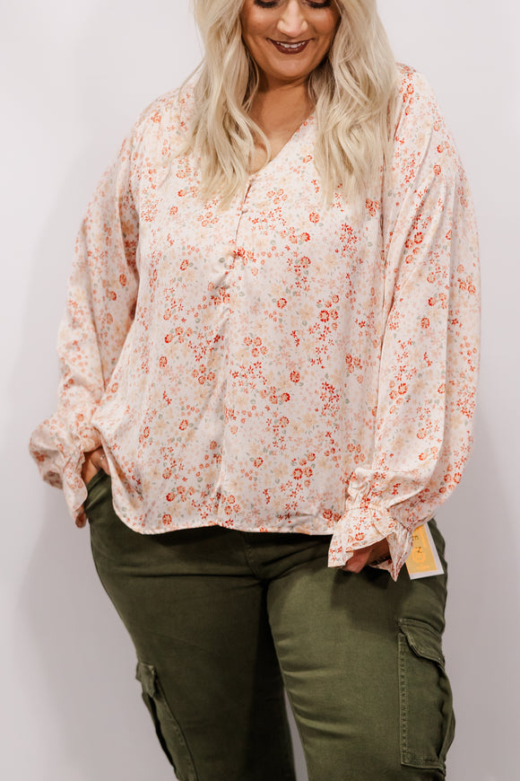 Satin Floral Blouse- Champagne (1x-3x)