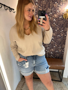 V-Neck Front Seam Knit Sweater, Oatmeal (2x,3x)