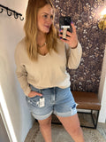 V-Neck Front Seam Knit Sweater, Oatmeal (2x,3x)