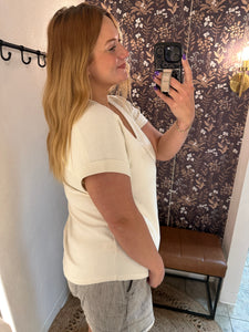 Ribbed V-Neck Casual Top- Oatmeal (1x, 2x)