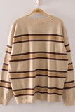 Contrast Stripe Ribbed Crew Neck Sweater- Oatmeal