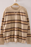 Contrast Stripe Ribbed Crew Neck Sweater- Oatmeal