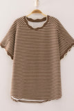 Scallop Trim Stripe Knit Top- Mocha