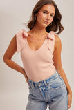 Bow Detail Ribbed Tank, Pink (M)