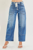 Risen- Slouchy Crop Barrel Eyelet Waistband Detail Denim