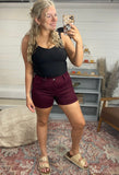 High Rise Denim Shorts, Burgundy (2x)