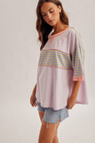 Striped Patch Oversized Washed Top, Sky Blue (S-L)