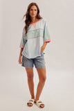 Striped Patch Oversized Washed Top, Sky Blue (L)